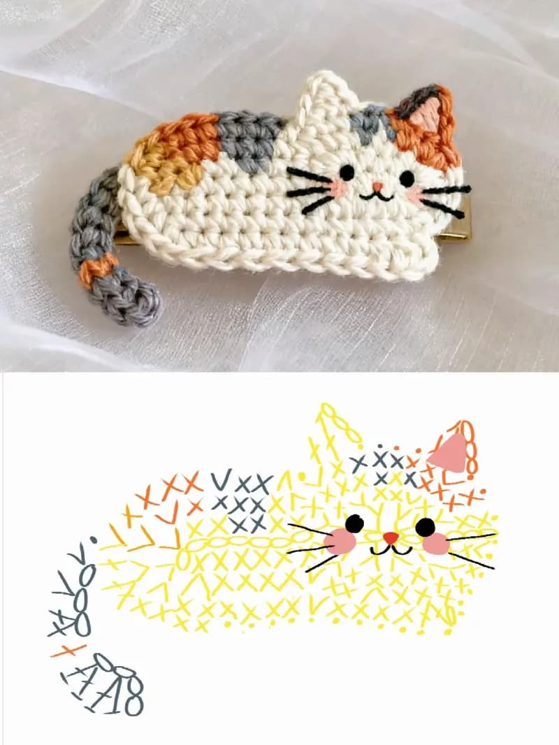 Tucked-Paws Calico Cat Brooch — finished crochet project photo