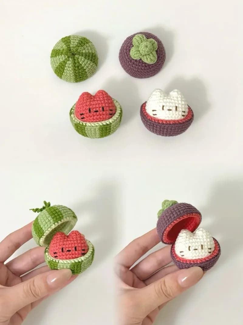 Watermelon and Mangosteen Cats — finished crochet project photo