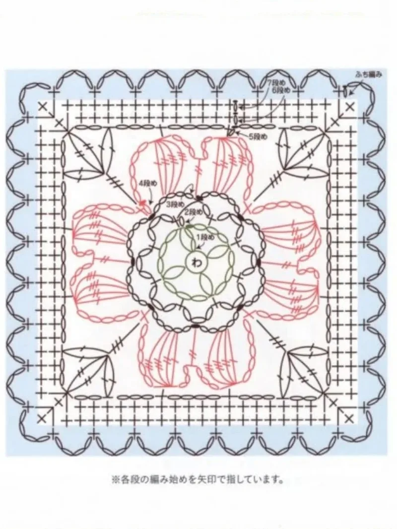 Flower Granny Square Motif (No. 184) crochet symbol chart