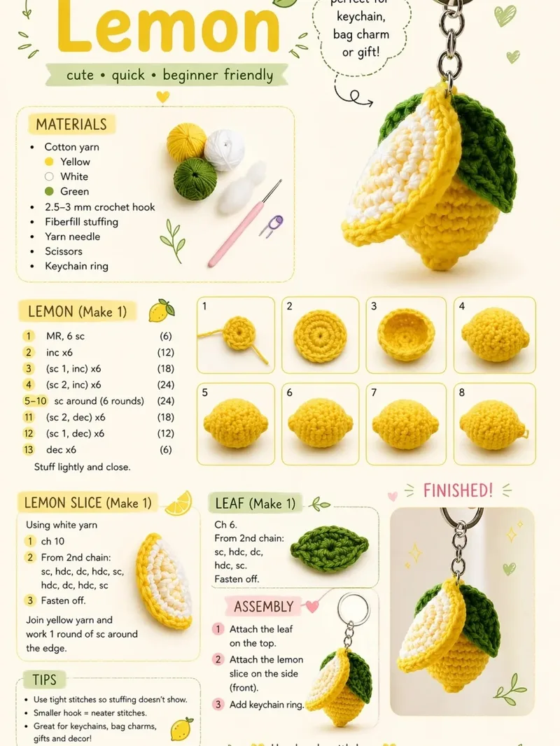 Lemon Keychain with Slice & Leaf crochet symbol chart